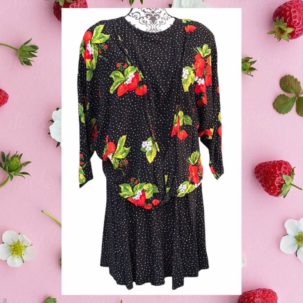 Vintage 90s Strawberry Polka Dot Skirt Blouse Set Tie Top Casual